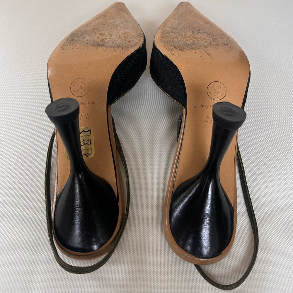 Vintage CHANEL Camellia Slingback Heels  Black Linen Tan Olive Leather Flower - Picture 7 of 15